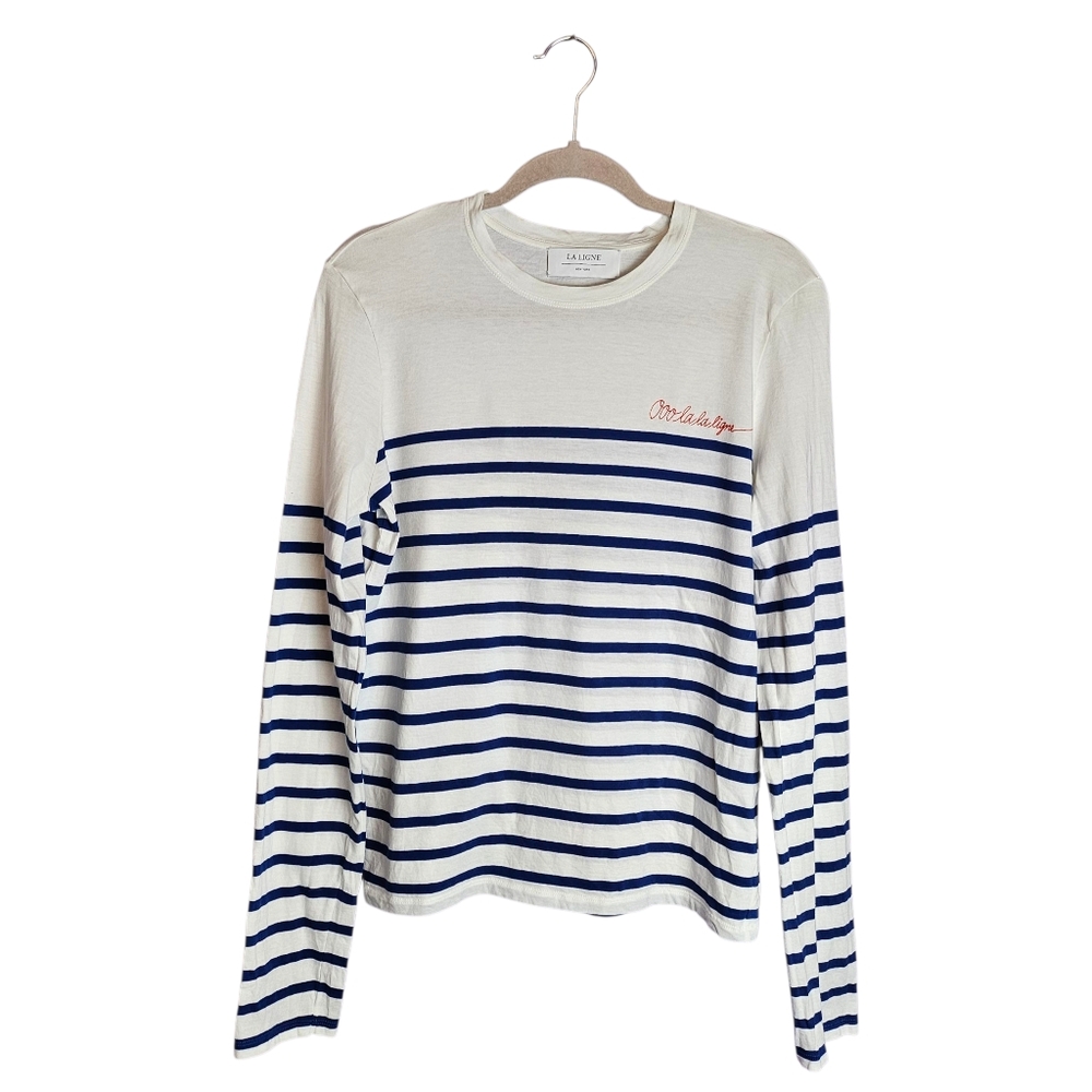 La Ligne Embroidered Blue Stripe Long Sleeve Tee Size Medium